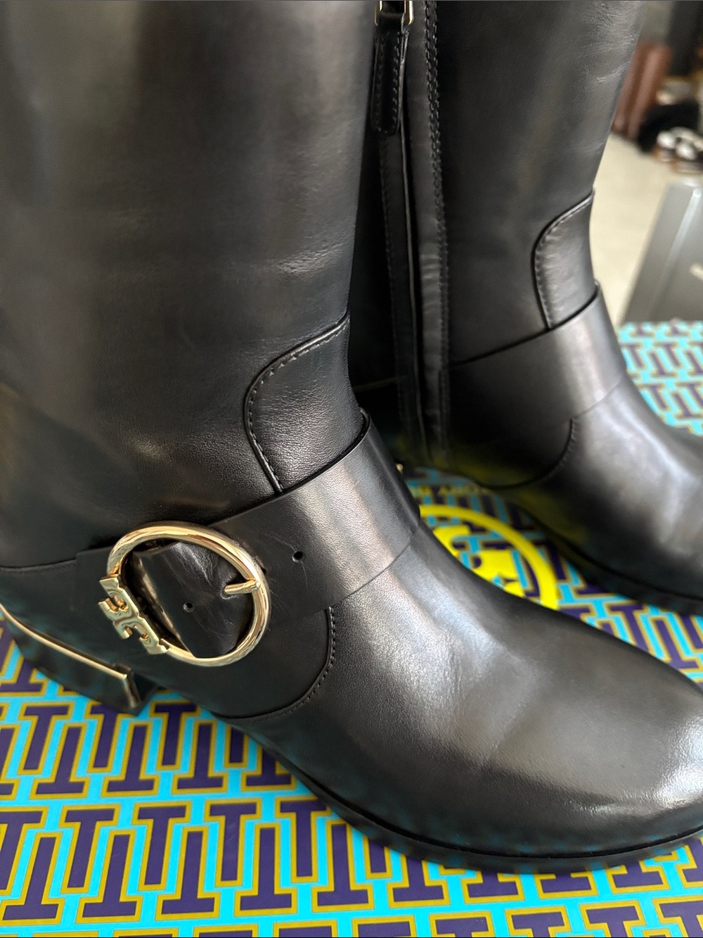 Tory Burch Black Leather Mid-Calf Boots with Gold Buckle